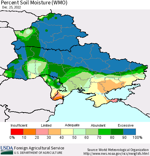 Ukraine, Moldova and Belarus Percent Soil Moisture (WMO) Thematic Map For 12/19/2022 - 12/25/2022