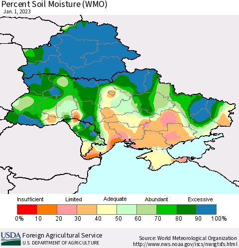 Ukraine, Moldova and Belarus Percent Soil Moisture (WMO) Thematic Map For 12/26/2022 - 1/1/2023