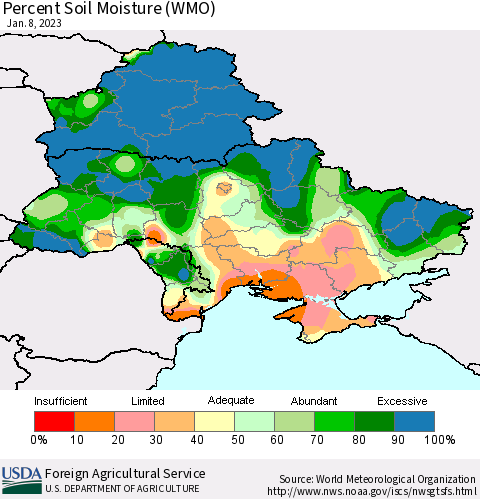 Ukraine, Moldova and Belarus Percent Soil Moisture (WMO) Thematic Map For 1/2/2023 - 1/8/2023