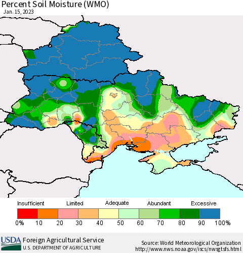 Ukraine, Moldova and Belarus Percent Soil Moisture (WMO) Thematic Map For 1/9/2023 - 1/15/2023