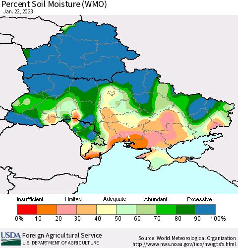 Ukraine, Moldova and Belarus Percent Soil Moisture (WMO) Thematic Map For 1/16/2023 - 1/22/2023
