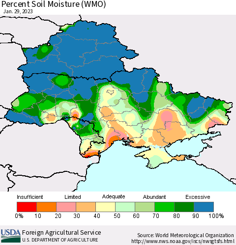 Ukraine, Moldova and Belarus Percent Soil Moisture (WMO) Thematic Map For 1/23/2023 - 1/29/2023