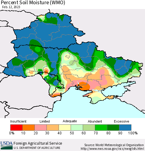 Ukraine, Moldova and Belarus Percent Soil Moisture (WMO) Thematic Map For 2/6/2023 - 2/12/2023
