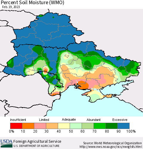 Ukraine, Moldova and Belarus Percent Soil Moisture (WMO) Thematic Map For 2/13/2023 - 2/19/2023