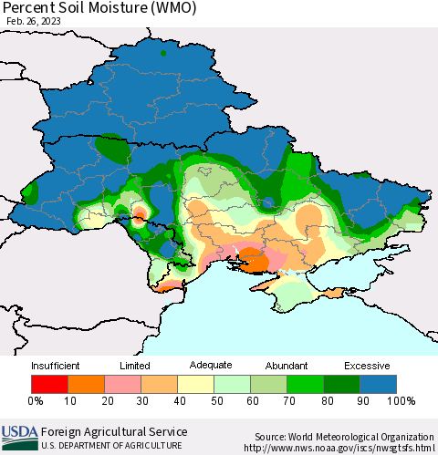 Ukraine, Moldova and Belarus Percent Soil Moisture (WMO) Thematic Map For 2/20/2023 - 2/26/2023