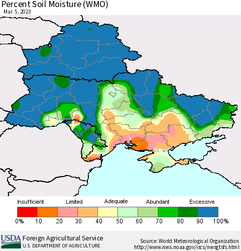 Ukraine, Moldova and Belarus Percent Soil Moisture (WMO) Thematic Map For 2/27/2023 - 3/5/2023