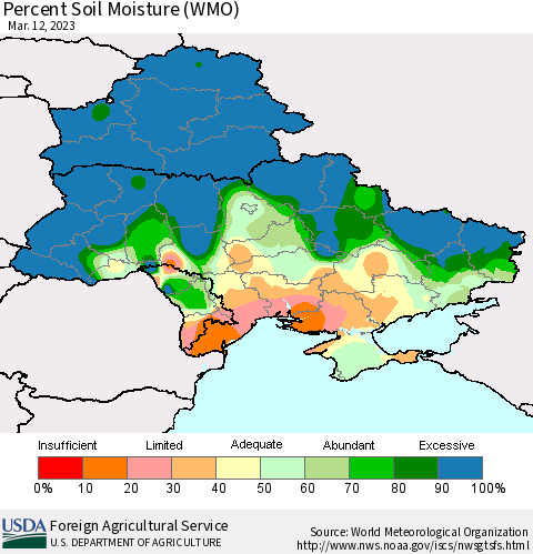 Ukraine, Moldova and Belarus Percent Soil Moisture (WMO) Thematic Map For 3/6/2023 - 3/12/2023