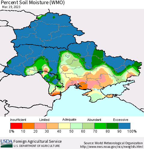 Ukraine, Moldova and Belarus Percent Soil Moisture (WMO) Thematic Map For 3/13/2023 - 3/19/2023