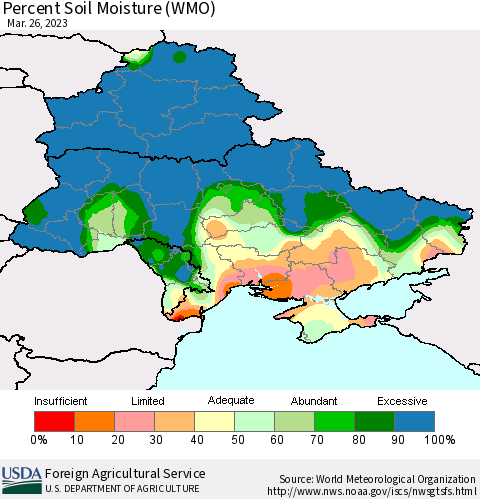Ukraine, Moldova and Belarus Percent Soil Moisture (WMO) Thematic Map For 3/20/2023 - 3/26/2023