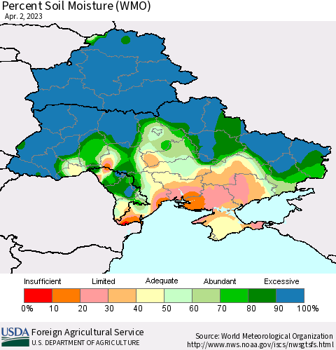 Ukraine, Moldova and Belarus Percent Soil Moisture (WMO) Thematic Map For 3/27/2023 - 4/2/2023
