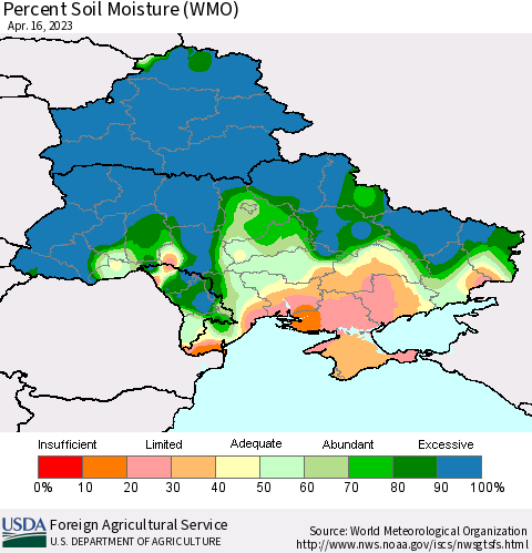 Ukraine, Moldova and Belarus Percent Soil Moisture (WMO) Thematic Map For 4/10/2023 - 4/16/2023