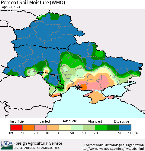 Ukraine, Moldova and Belarus Percent Soil Moisture (WMO) Thematic Map For 4/17/2023 - 4/23/2023
