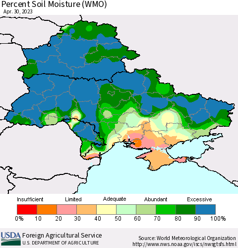 Ukraine, Moldova and Belarus Percent Soil Moisture (WMO) Thematic Map For 4/24/2023 - 4/30/2023