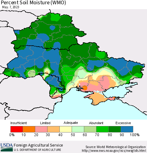 Ukraine, Moldova and Belarus Percent Soil Moisture (WMO) Thematic Map For 5/1/2023 - 5/7/2023
