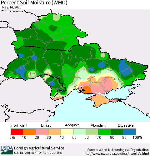 Ukraine, Moldova and Belarus Percent Soil Moisture (WMO) Thematic Map For 5/8/2023 - 5/14/2023