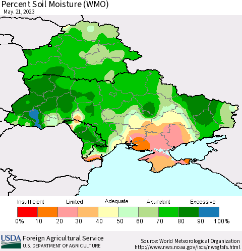 Ukraine, Moldova and Belarus Percent Soil Moisture (WMO) Thematic Map For 5/15/2023 - 5/21/2023
