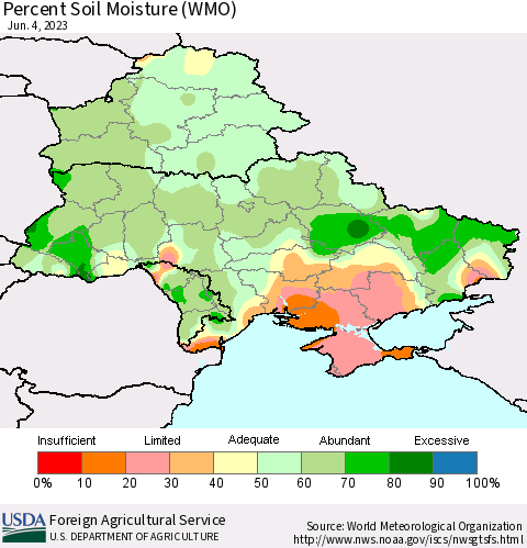 Ukraine, Moldova and Belarus Percent Soil Moisture (WMO) Thematic Map For 5/29/2023 - 6/4/2023