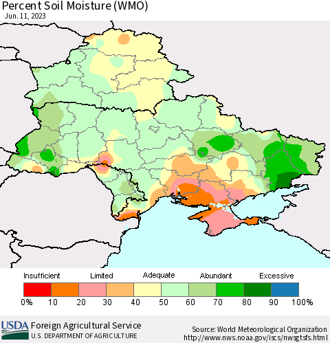 Ukraine, Moldova and Belarus Percent Soil Moisture (WMO) Thematic Map For 6/5/2023 - 6/11/2023