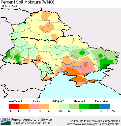Ukraine, Moldova and Belarus Percent Soil Moisture (WMO) Thematic Map For 6/12/2023 - 6/18/2023