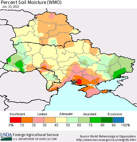 Ukraine, Moldova and Belarus Percent Soil Moisture (WMO) Thematic Map For 6/19/2023 - 6/25/2023