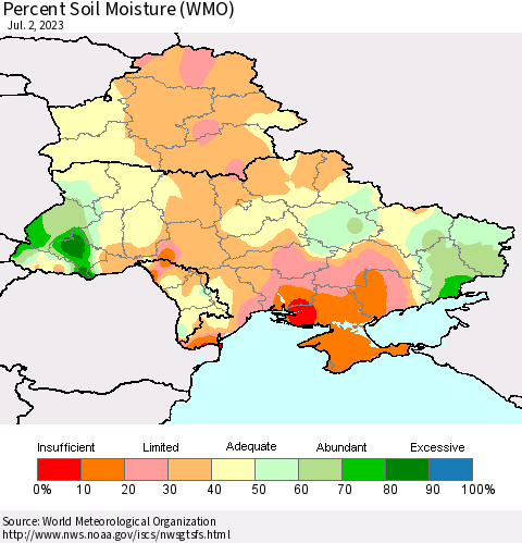 Ukraine, Moldova and Belarus Percent Soil Moisture (WMO) Thematic Map For 6/26/2023 - 7/2/2023