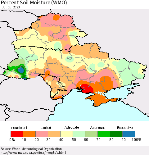 Ukraine, Moldova and Belarus Percent Soil Moisture (WMO) Thematic Map For 7/10/2023 - 7/16/2023