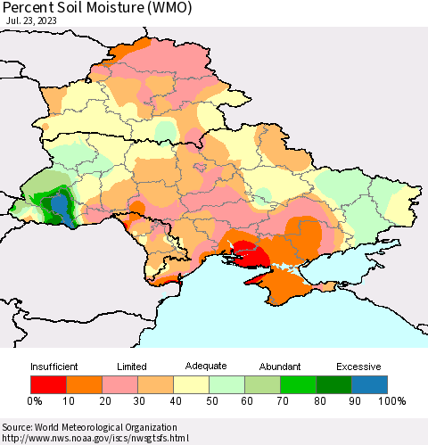 Ukraine, Moldova and Belarus Percent Soil Moisture (WMO) Thematic Map For 7/17/2023 - 7/23/2023