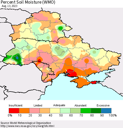 Ukraine, Moldova and Belarus Percent Soil Moisture (WMO) Thematic Map For 8/7/2023 - 8/13/2023