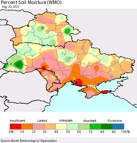 Ukraine, Moldova and Belarus Percent Soil Moisture (WMO) Thematic Map For 8/14/2023 - 8/20/2023