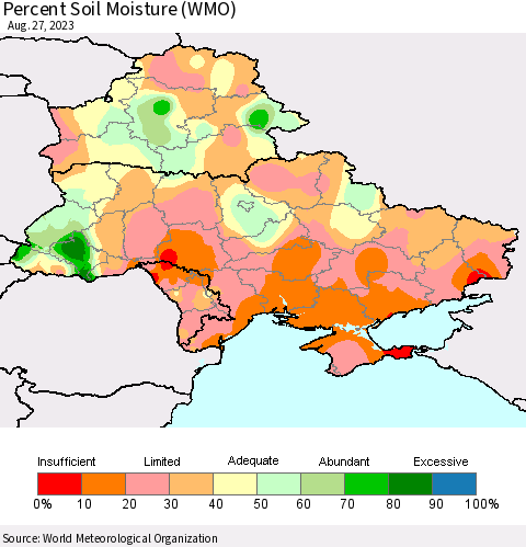 Ukraine, Moldova and Belarus Percent Soil Moisture (WMO) Thematic Map For 8/21/2023 - 8/27/2023