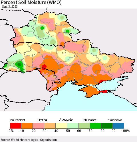 Ukraine, Moldova and Belarus Percent Soil Moisture (WMO) Thematic Map For 8/28/2023 - 9/3/2023