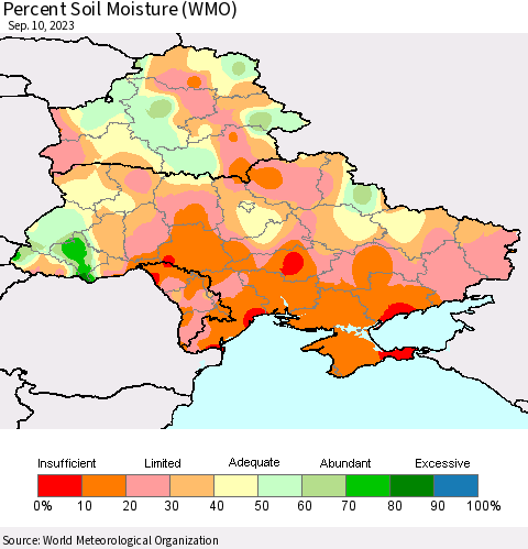 Ukraine, Moldova and Belarus Percent Soil Moisture (WMO) Thematic Map For 9/4/2023 - 9/10/2023