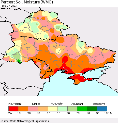 Ukraine, Moldova and Belarus Percent Soil Moisture (WMO) Thematic Map For 9/11/2023 - 9/17/2023