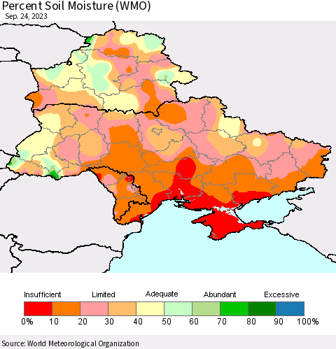 Ukraine, Moldova and Belarus Percent Soil Moisture (WMO) Thematic Map For 9/18/2023 - 9/24/2023