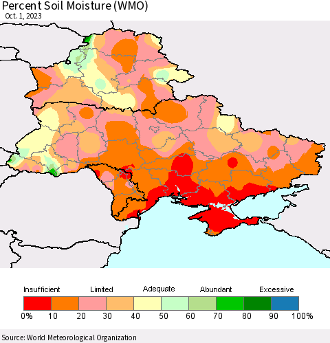 Ukraine, Moldova and Belarus Percent Soil Moisture (WMO) Thematic Map For 9/25/2023 - 10/1/2023