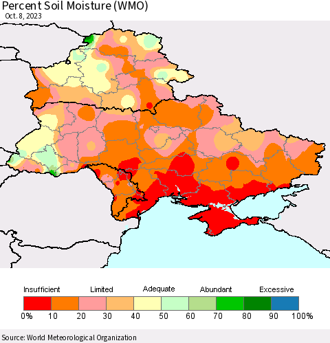 Ukraine, Moldova and Belarus Percent Soil Moisture (WMO) Thematic Map For 10/2/2023 - 10/8/2023