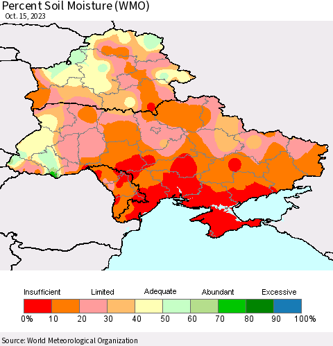 Ukraine, Moldova and Belarus Percent Soil Moisture (WMO) Thematic Map For 10/9/2023 - 10/15/2023