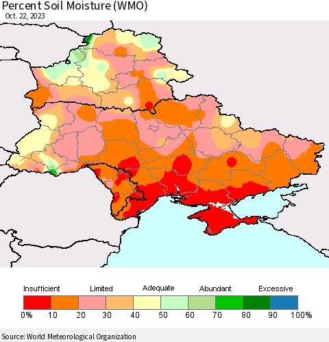 Ukraine, Moldova and Belarus Percent Soil Moisture (WMO) Thematic Map For 10/16/2023 - 10/22/2023