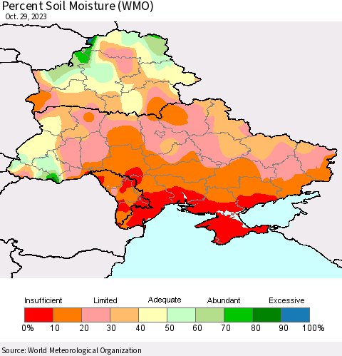 Ukraine, Moldova and Belarus Percent Soil Moisture (WMO) Thematic Map For 10/23/2023 - 10/29/2023