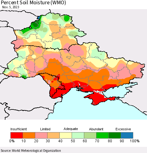 Ukraine, Moldova and Belarus Percent Soil Moisture (WMO) Thematic Map For 10/30/2023 - 11/5/2023