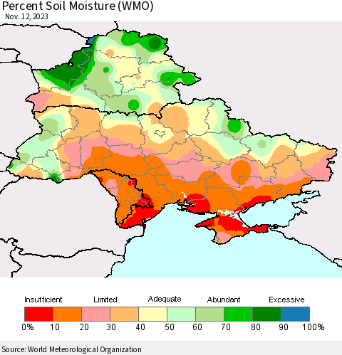 Ukraine, Moldova and Belarus Percent Soil Moisture (WMO) Thematic Map For 11/6/2023 - 11/12/2023