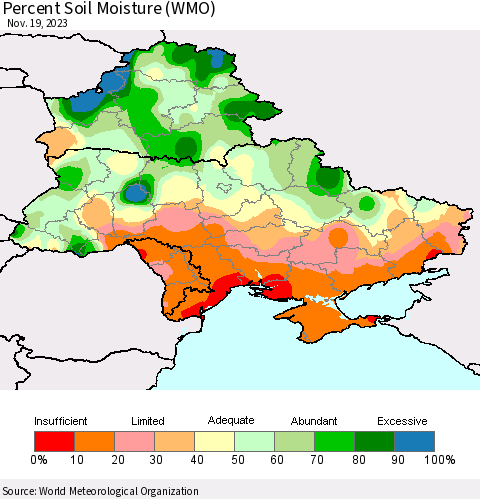 Ukraine, Moldova and Belarus Percent Soil Moisture (WMO) Thematic Map For 11/13/2023 - 11/19/2023