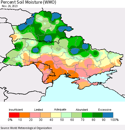 Ukraine, Moldova and Belarus Percent Soil Moisture (WMO) Thematic Map For 11/20/2023 - 11/26/2023