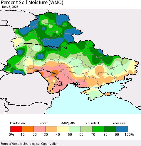 Ukraine, Moldova and Belarus Percent Soil Moisture (WMO) Thematic Map For 11/27/2023 - 12/3/2023