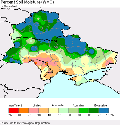 Ukraine, Moldova and Belarus Percent Soil Moisture (WMO) Thematic Map For 12/4/2023 - 12/10/2023