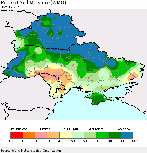 Ukraine, Moldova and Belarus Percent Soil Moisture (WMO) Thematic Map For 12/11/2023 - 12/17/2023