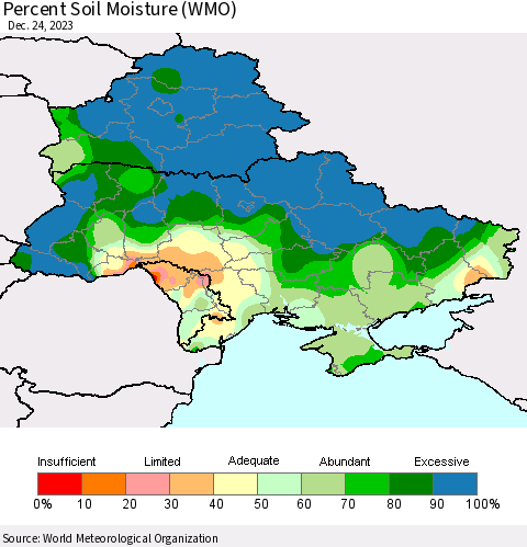 Ukraine, Moldova and Belarus Percent Soil Moisture (WMO) Thematic Map For 12/18/2023 - 12/24/2023