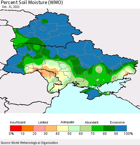 Ukraine, Moldova and Belarus Percent Soil Moisture (WMO) Thematic Map For 12/25/2023 - 12/31/2023