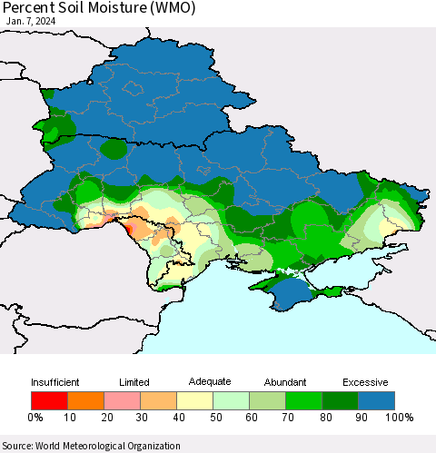 Ukraine, Moldova and Belarus Percent Soil Moisture (WMO) Thematic Map For 1/1/2024 - 1/7/2024