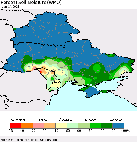 Ukraine, Moldova and Belarus Percent Soil Moisture (WMO) Thematic Map For 1/8/2024 - 1/14/2024